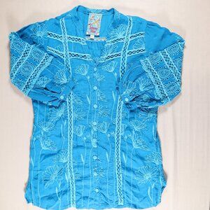 JOHNNY WAS Blue Boho Tunic Top Size XXS Embroidered Floral Festival Blouse